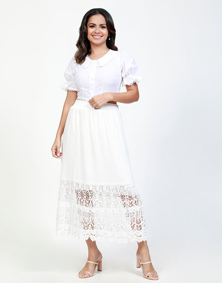 White Permanent Pleated Skirt with Lace Border