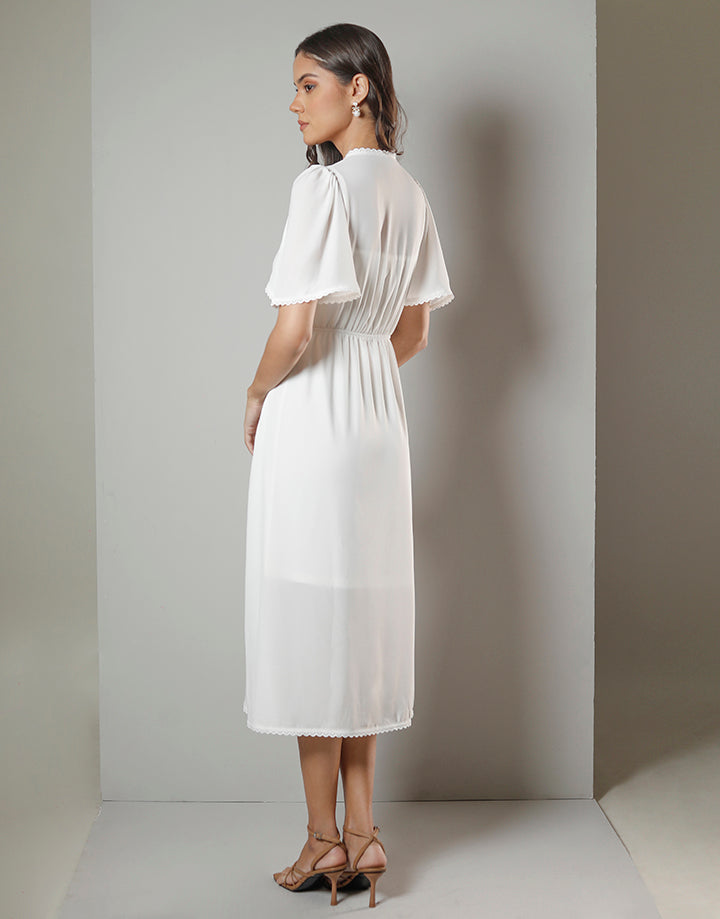 White Wrap Style Flared Sleeve Dress