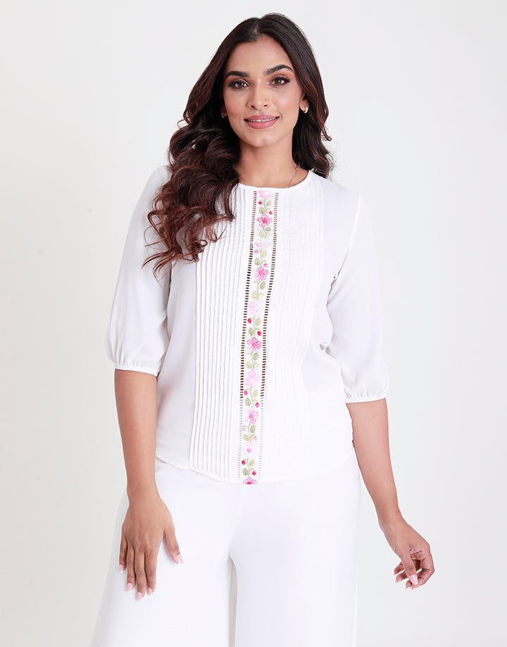 White Top with ¾ Sleeves and Embroidery