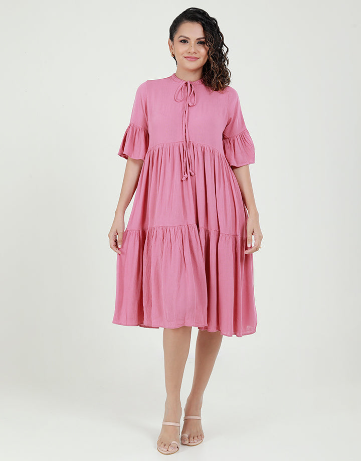 ¾ Sleeves Dress with Tie Up Neck Line