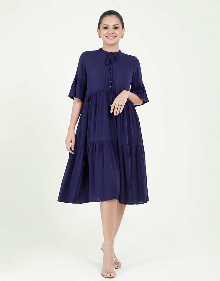 ¾ Sleeves Dress with Tie Up Neck Line
