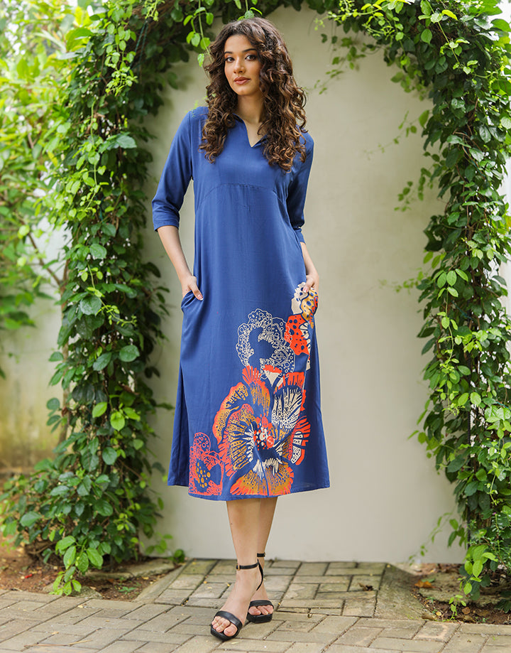 ¾ Sleeves Midi Dress with Screen Print