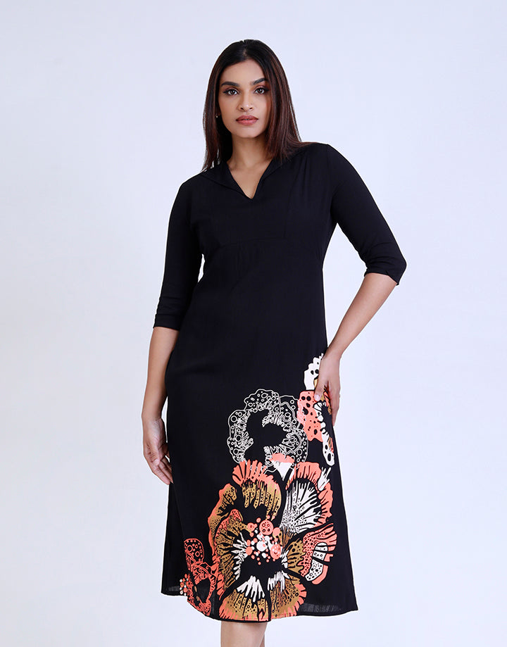 ¾ Sleeves Midi Dress with Screen Print