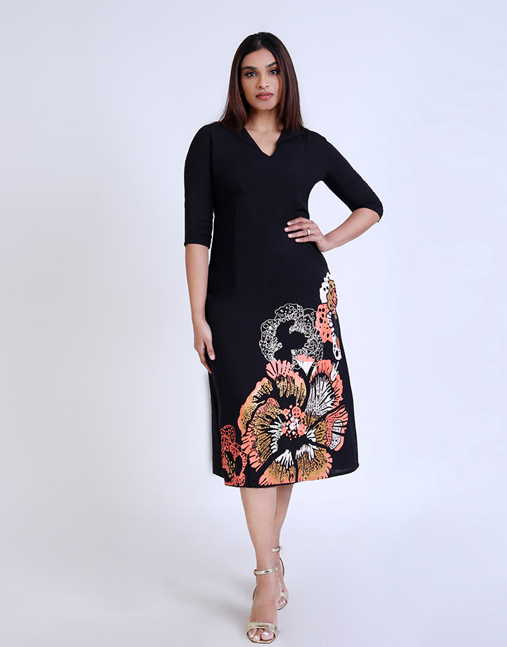 ¾ Sleeves Midi Dress with Screen Print