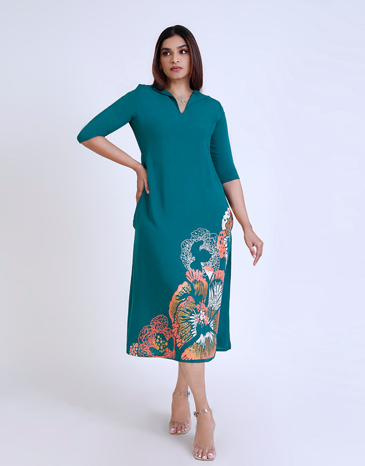 ¾ Sleeves Midi Dress with Screen Print