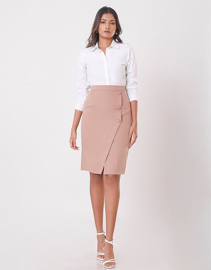 Asymmetric Wrap Tight Skirt with Button