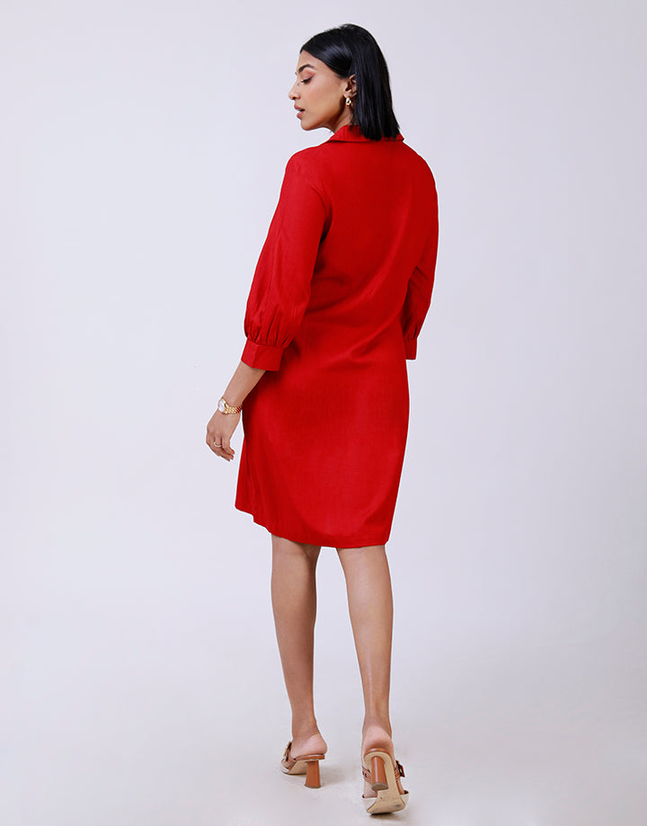 Blazer Collar A-Line Dress with ¾ Sleeves