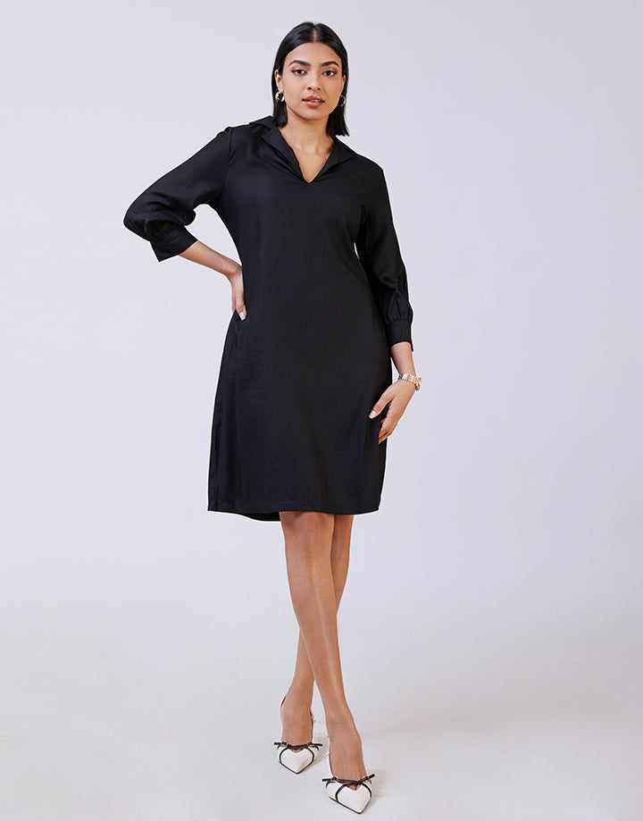 Blazer Collar A-Line Dress with ¾ Sleeves