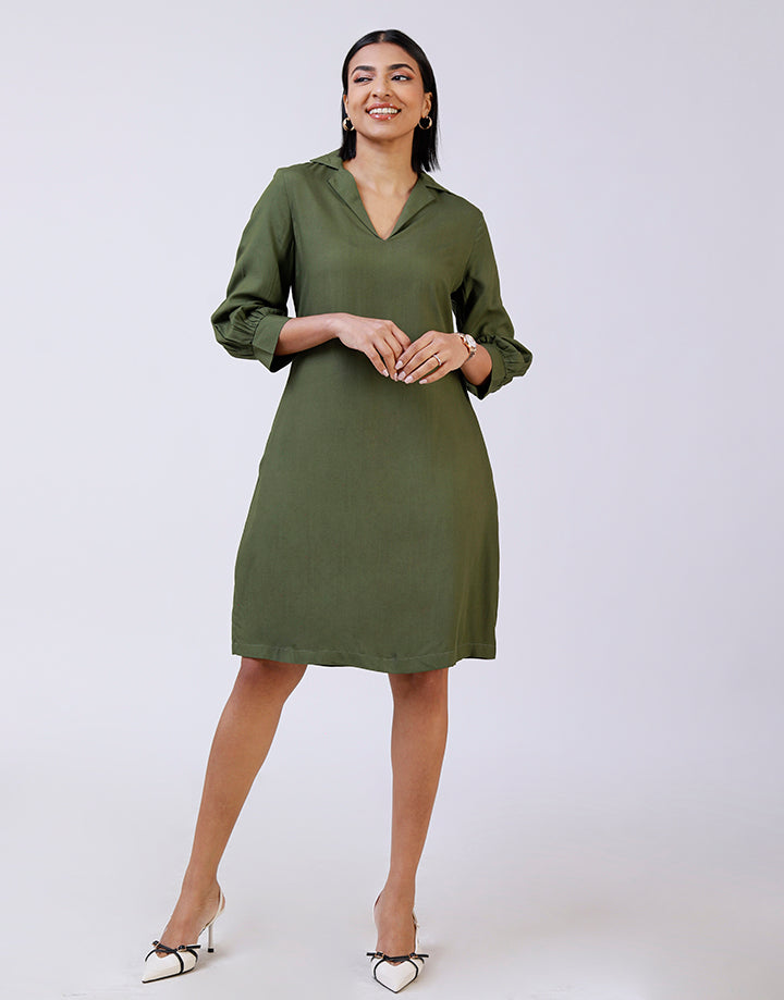 Blazer Collar A-Line Dress with ¾ Sleeves