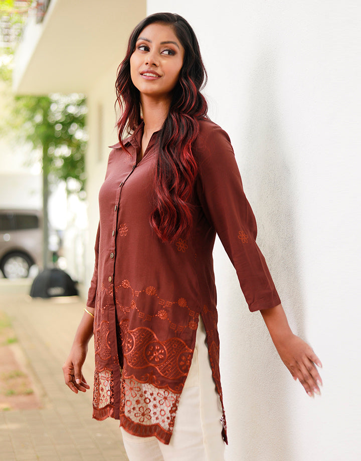 Buttoned Downed Embroidered Kurtha