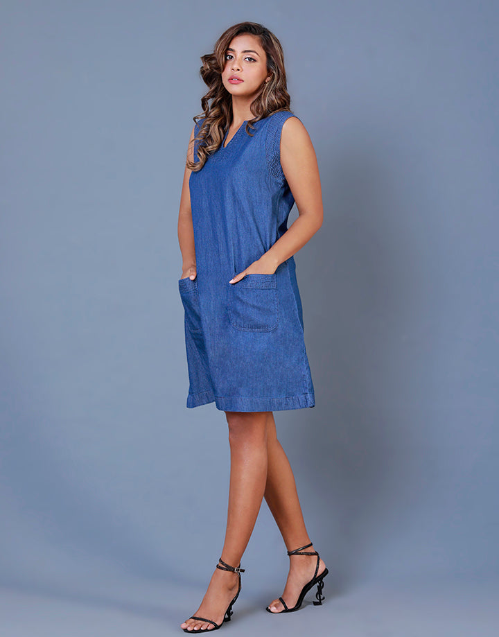 Chambray Sleeveless Dress with Side Pockets