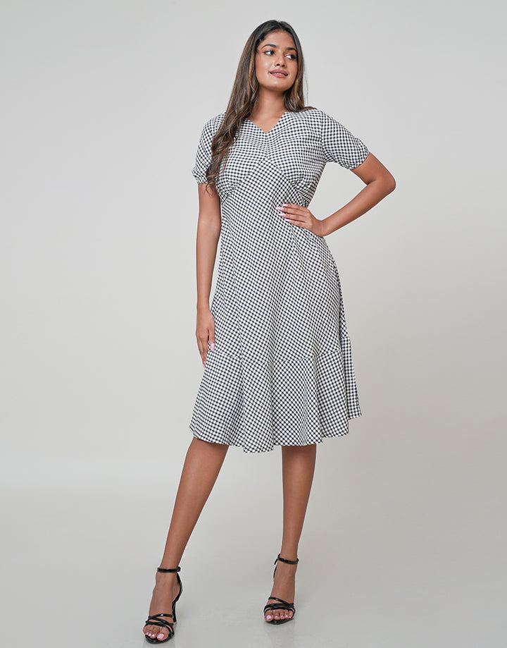 Check Empire Waist Dress with Frill Hem