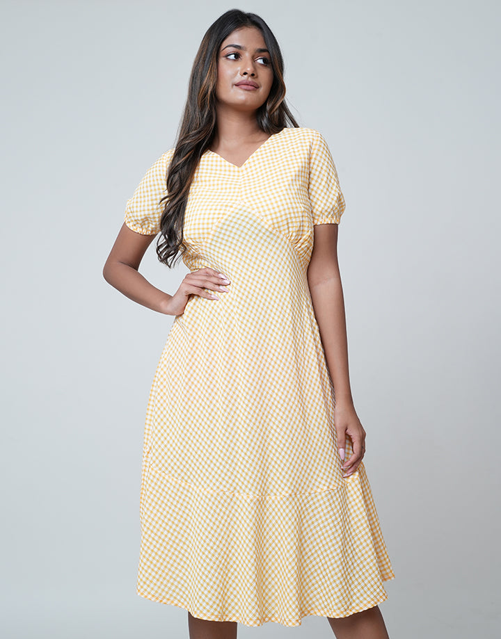 Check Empire Waist Dress with Frill Hem