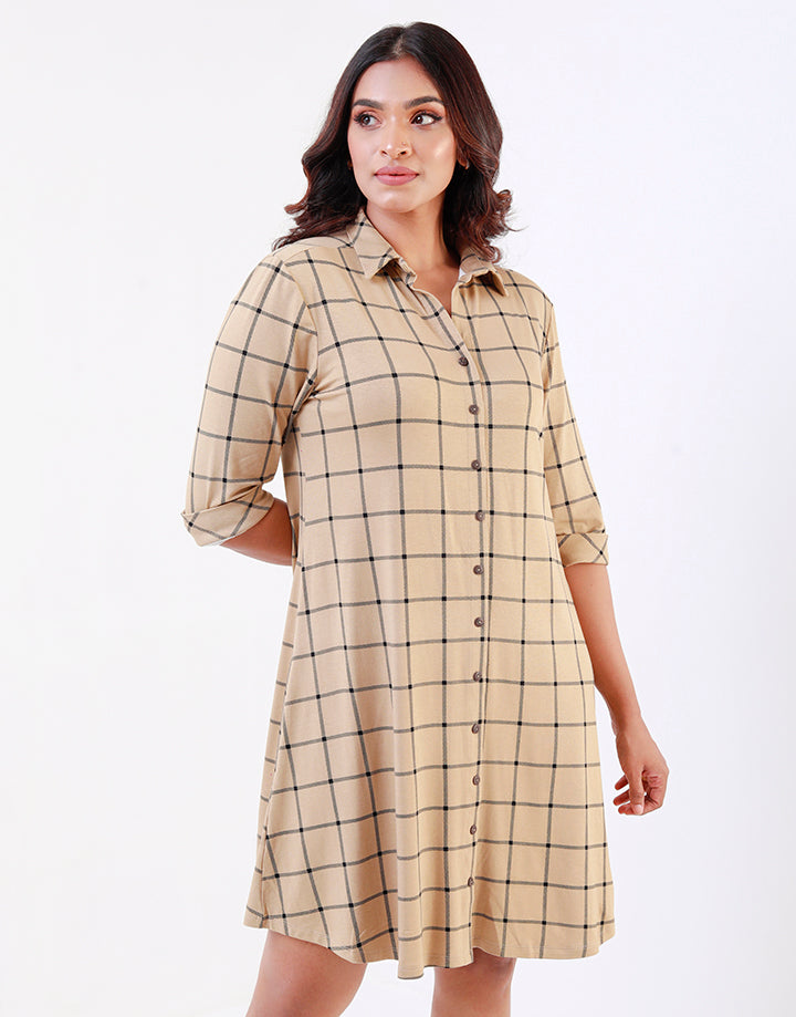 Check Shirt Dress with ¾ Sleeves