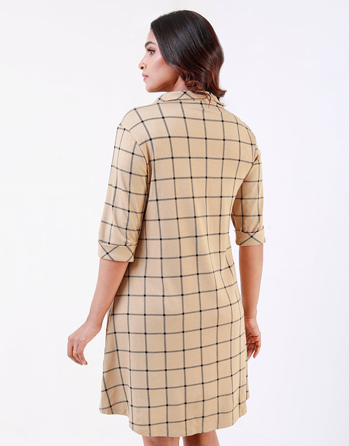 Check Shirt Dress with ¾ Sleeves