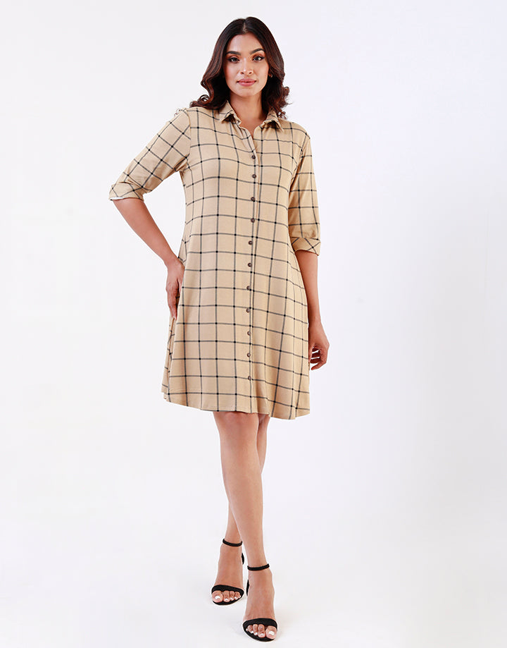 Check Shirt Dress with ¾ Sleeves