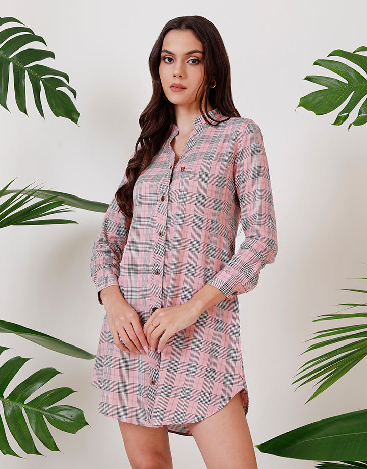 Checked Button Down Shirt Dress