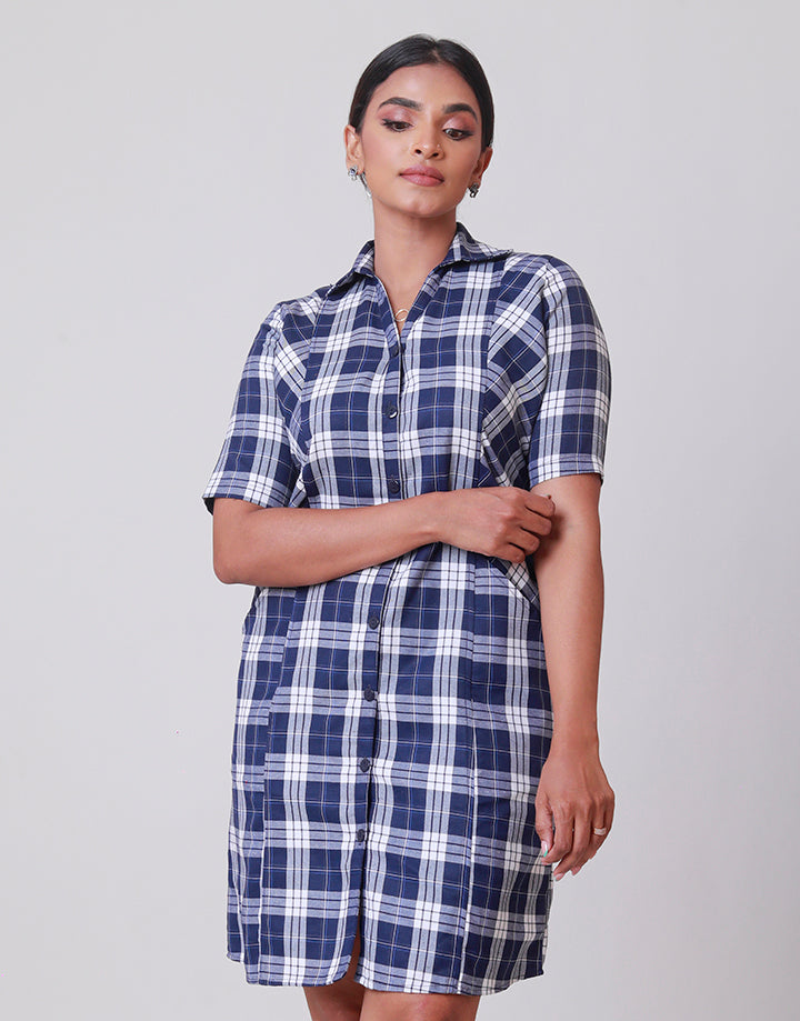 Checked Collared Dress with Pockets