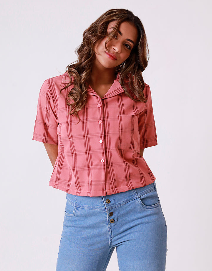 Checked Short Sleeves Cropped Shirt