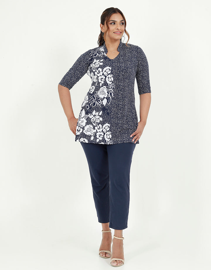 Chinese Collar Printed Kurta with ¾ Sleeves