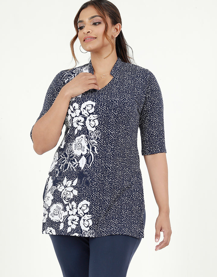 Chinese Collar Printed Kurta with ¾ Sleeves
