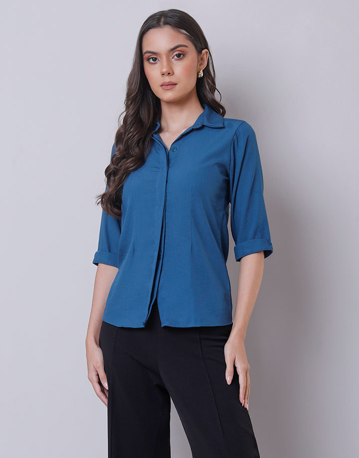 Collar Placket Blouse with Folded Sleeves