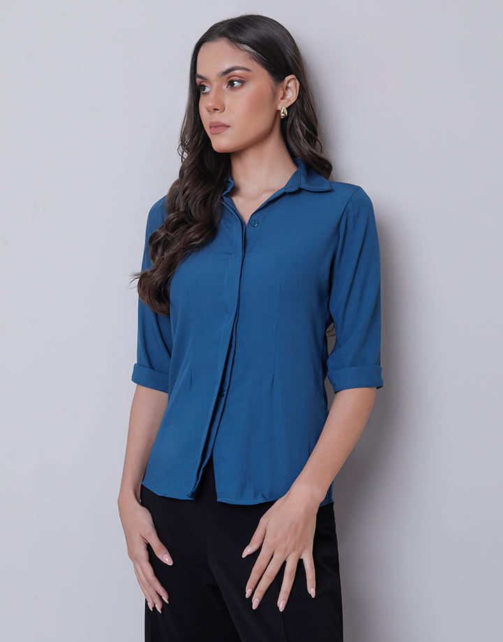 Collar Placket Blouse with Folded Sleeves