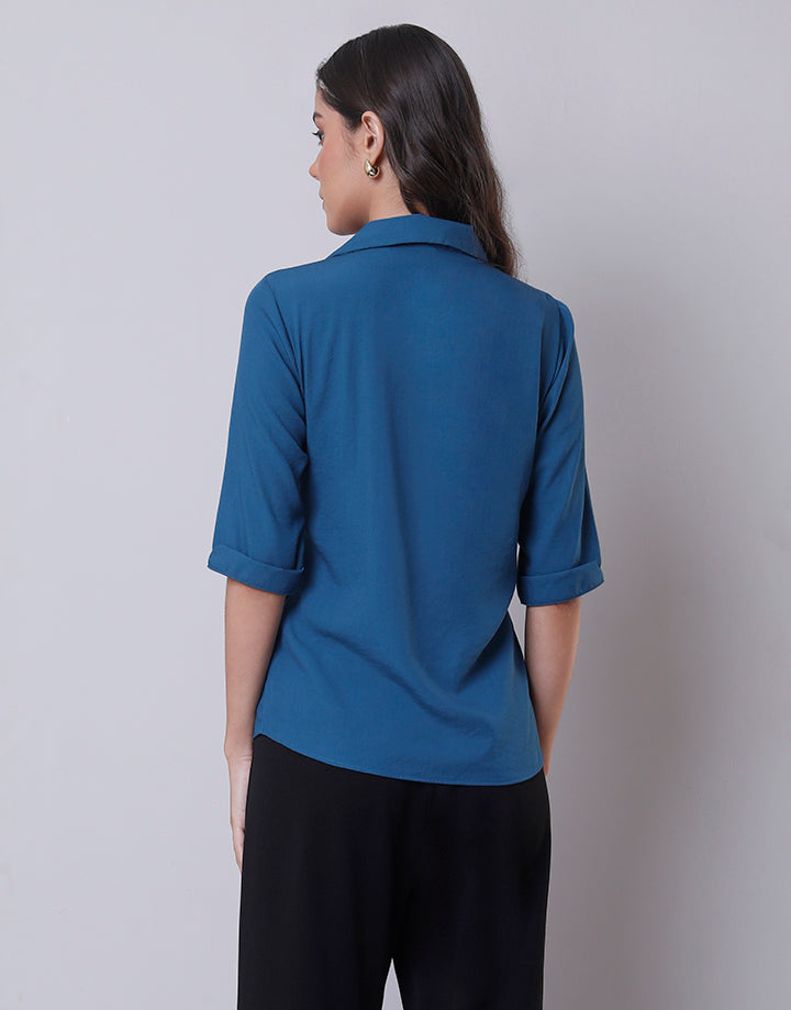 Collar Placket Blouse with Folded Sleeves