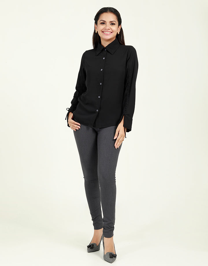 Collared Blouse with Drawstring Sleeves