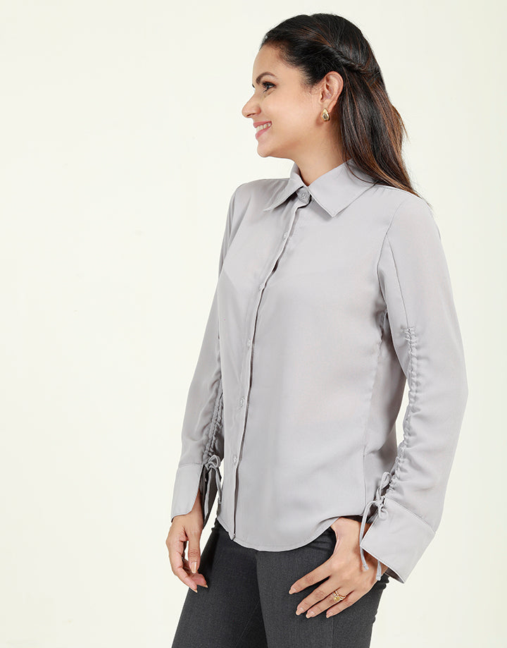 Collared Blouse with Drawstring Sleeves