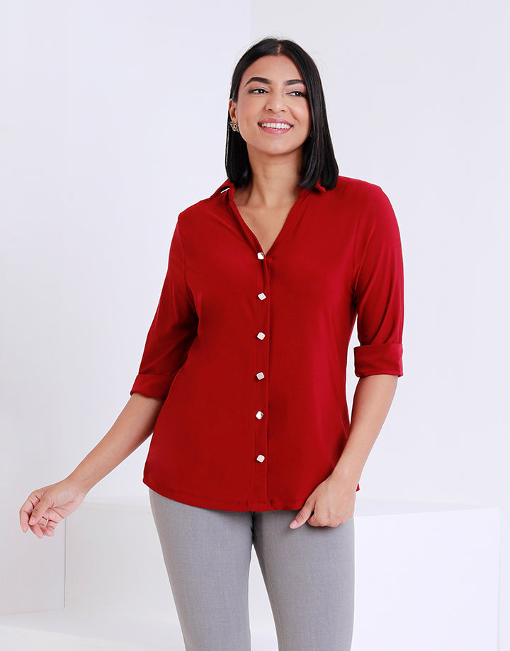 Collared Blouse with Folded Sleeves