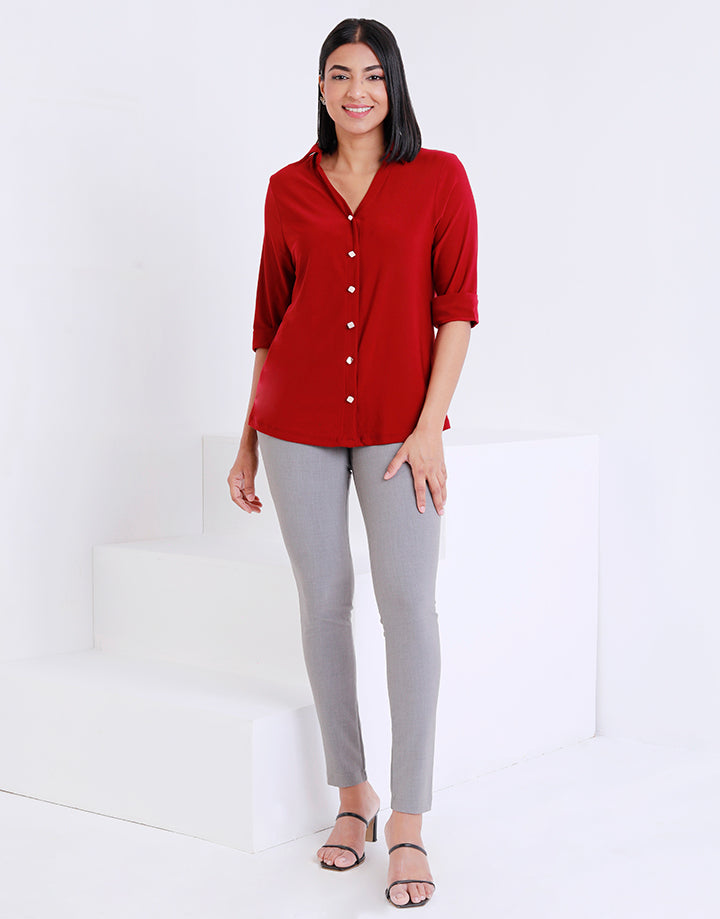 Collared Blouse with Folded Sleeves