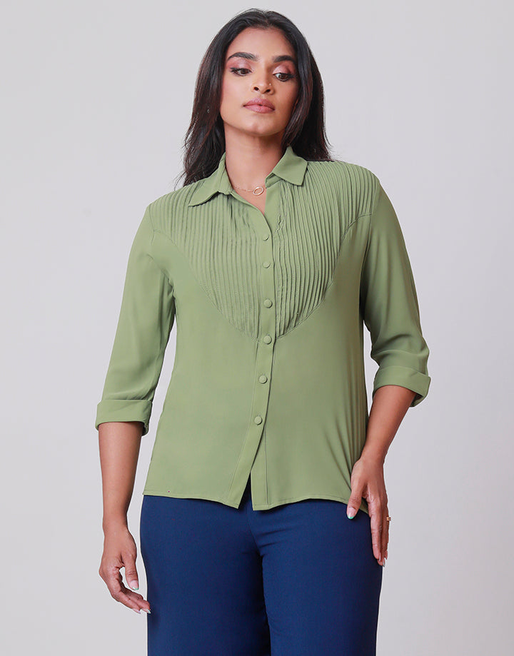 Collared Blouse with Front Pintuck