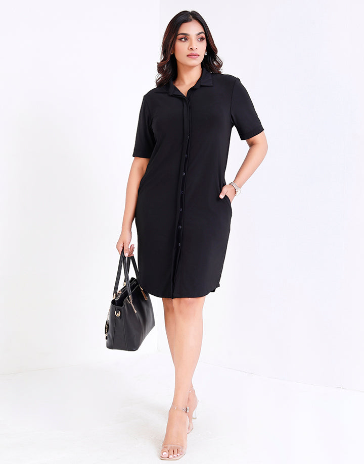 Collared Shirt Dress with Side Pockets