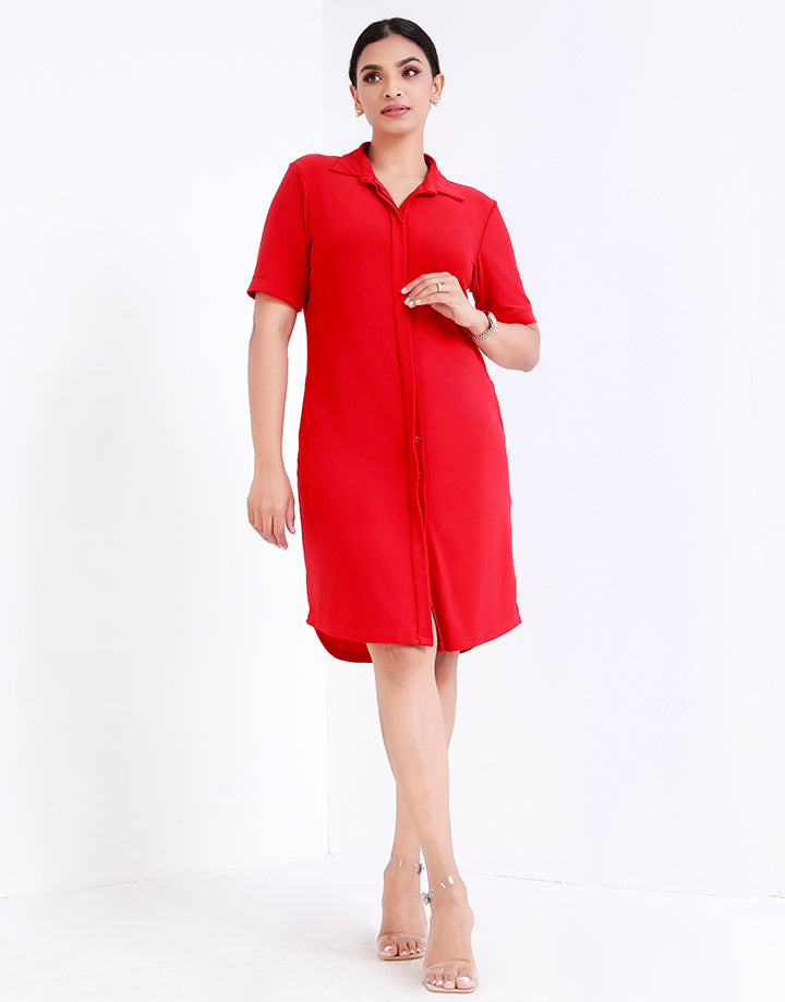 Collared Shirt Dress with Side Pockets