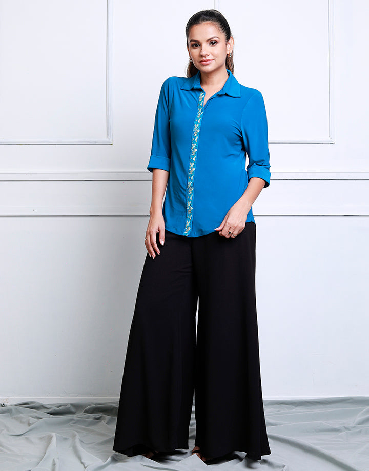 Collared Top with Embroidered Placket