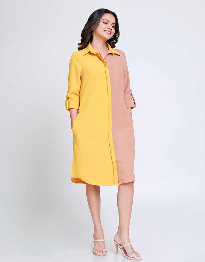 Colour Blocked Dress with Tab Sleeves