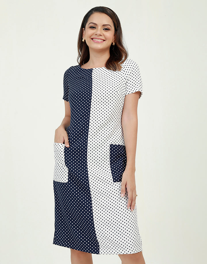Colour Blocked A-Line Dress with Pockets