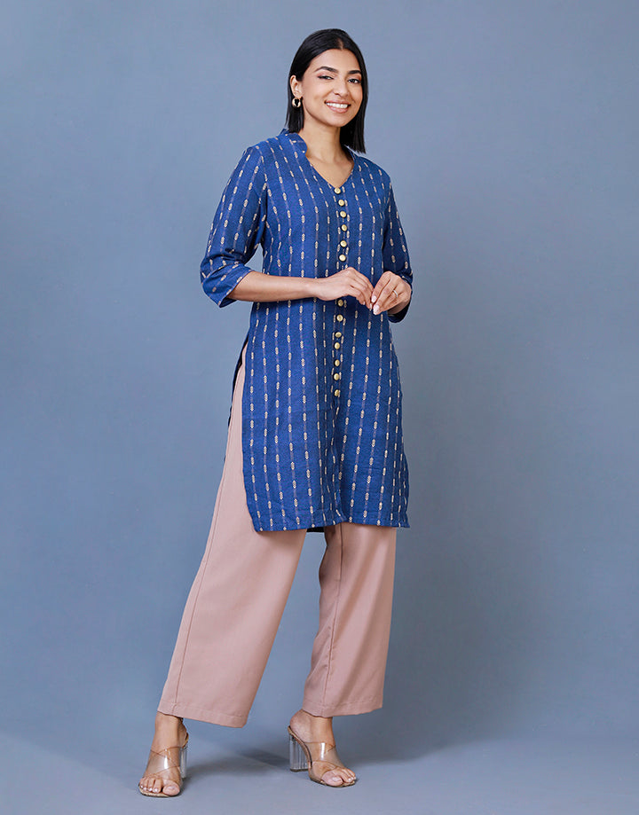 Cotton Gold Printed Kurtha with Buttons