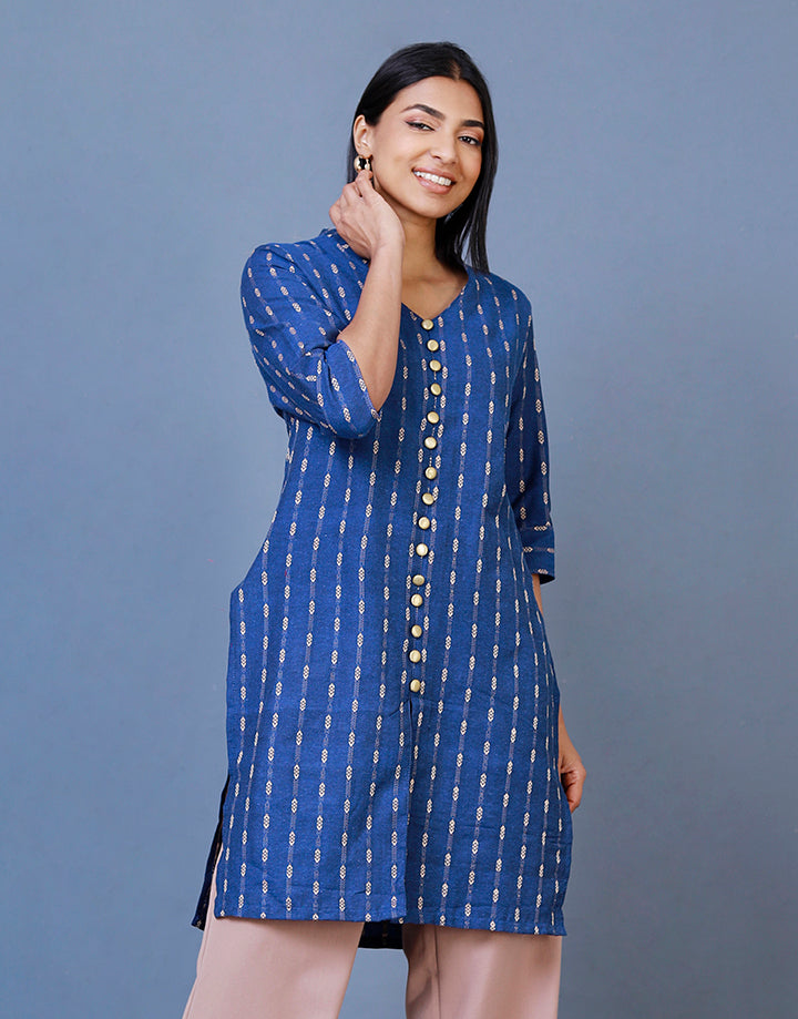 Cotton Gold Printed Kurtha with Buttons