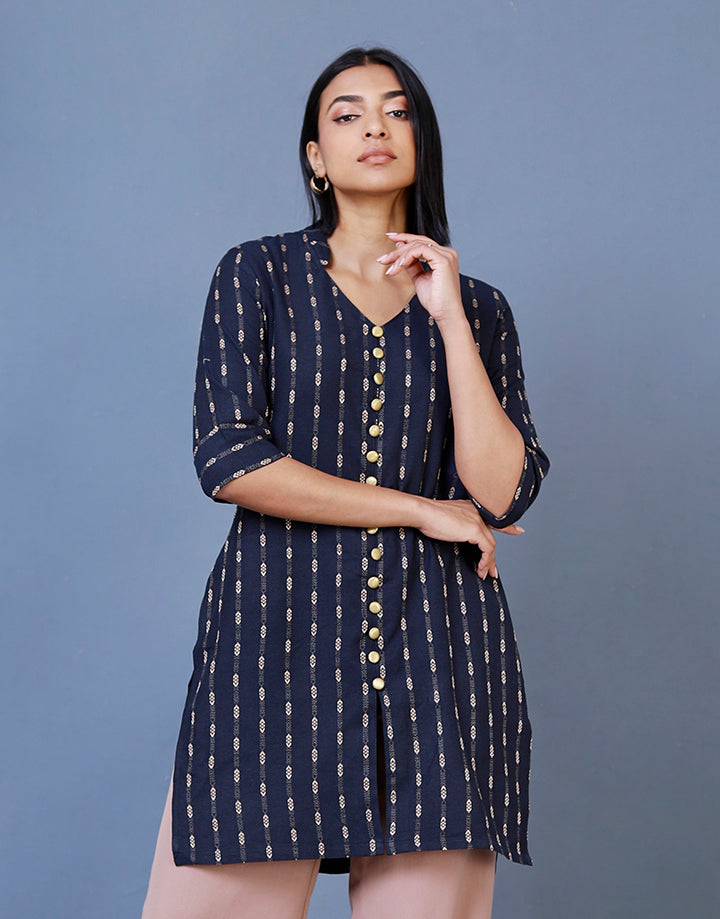 Cotton Gold Printed Kurtha with Buttons