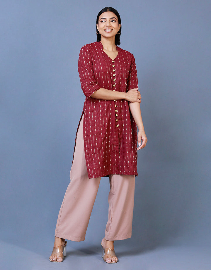 Cotton Gold Printed Kurtha with Buttons