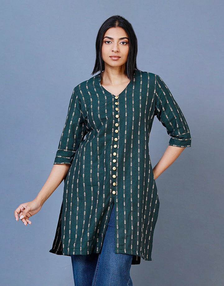 Cotton Gold Printed Kurtha with Buttons