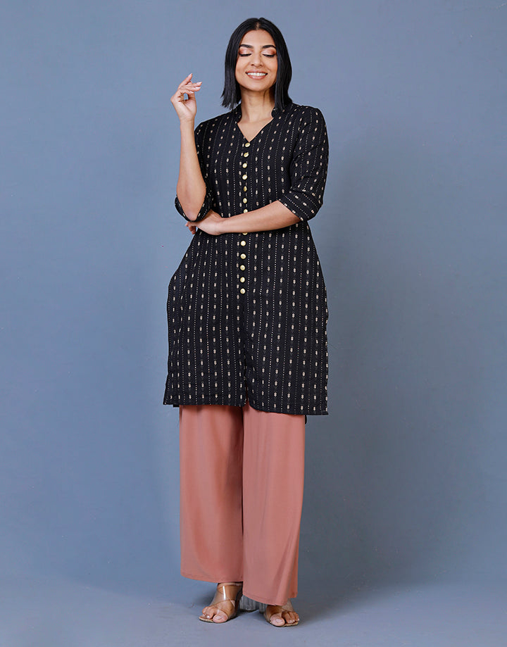 Cotton Gold Printed Kurtha with Buttons