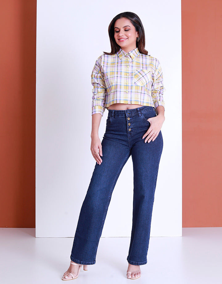 Cropped Checked Shirt with Long Sleeves