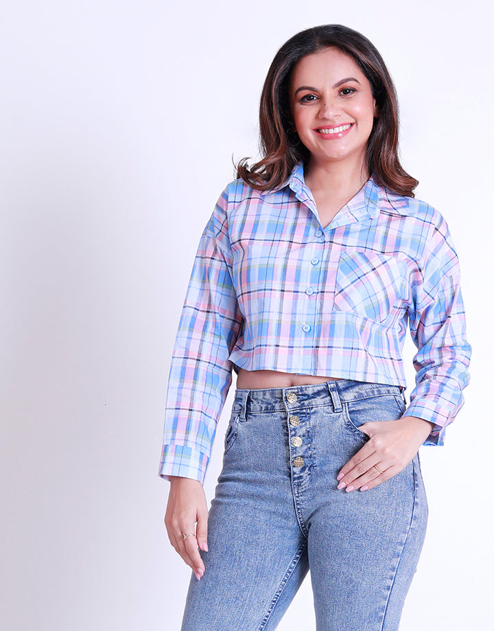 Cropped Checked Shirt with Long Sleeves