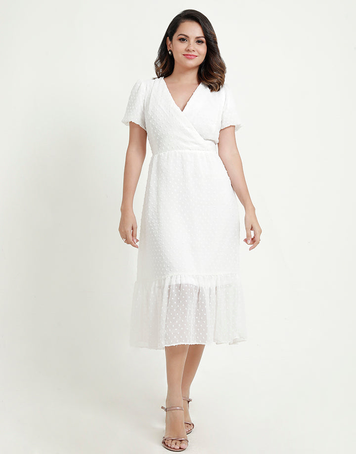Crossover A-Line Dress with Puff Sleeves