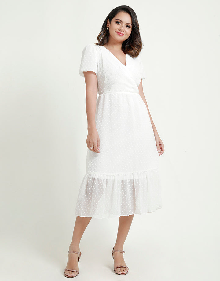 Crossover A-Line Dress with Puff Sleeves