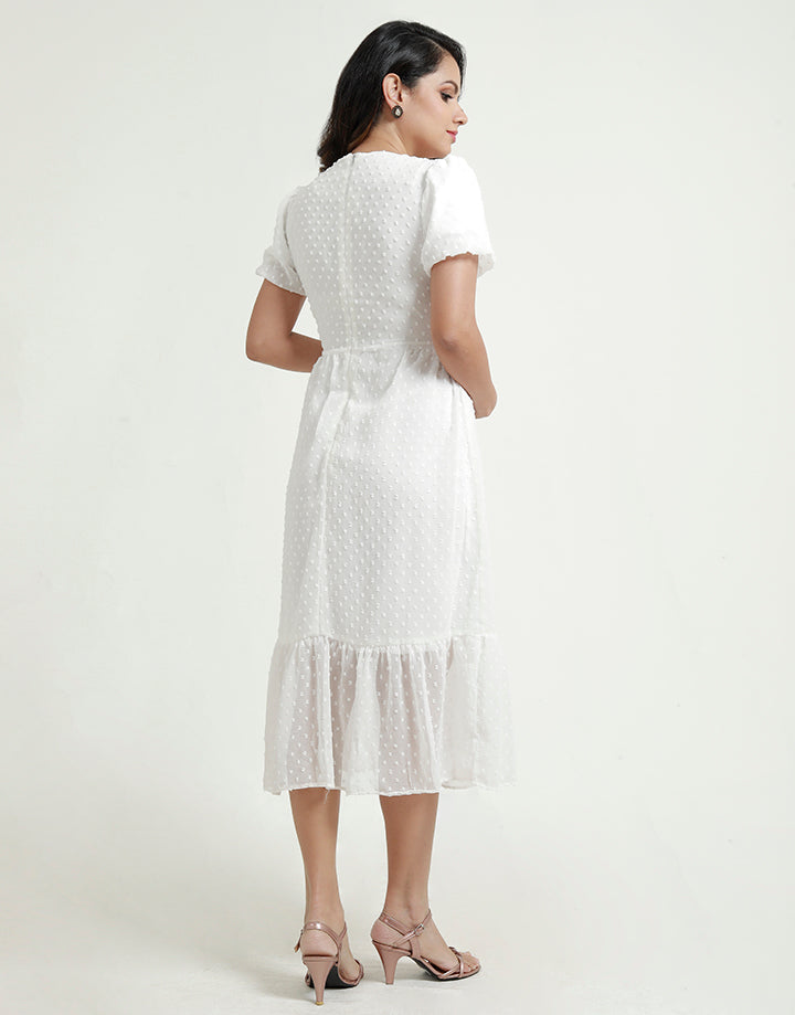 Crossover A-Line Dress with Puff Sleeves