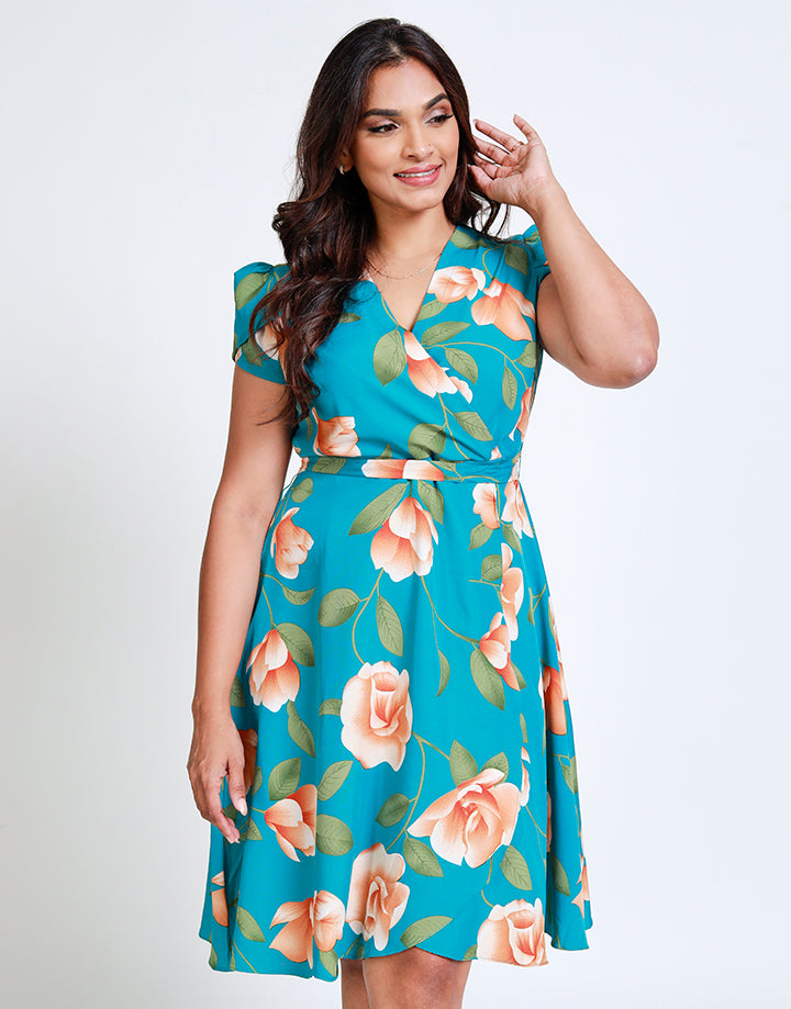 Crossover Neck Dress with Petal Sleeves